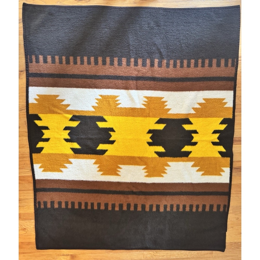 Vintage Southwest Aztec Geometric Plush Throw Blanket Brown Gold 56x68